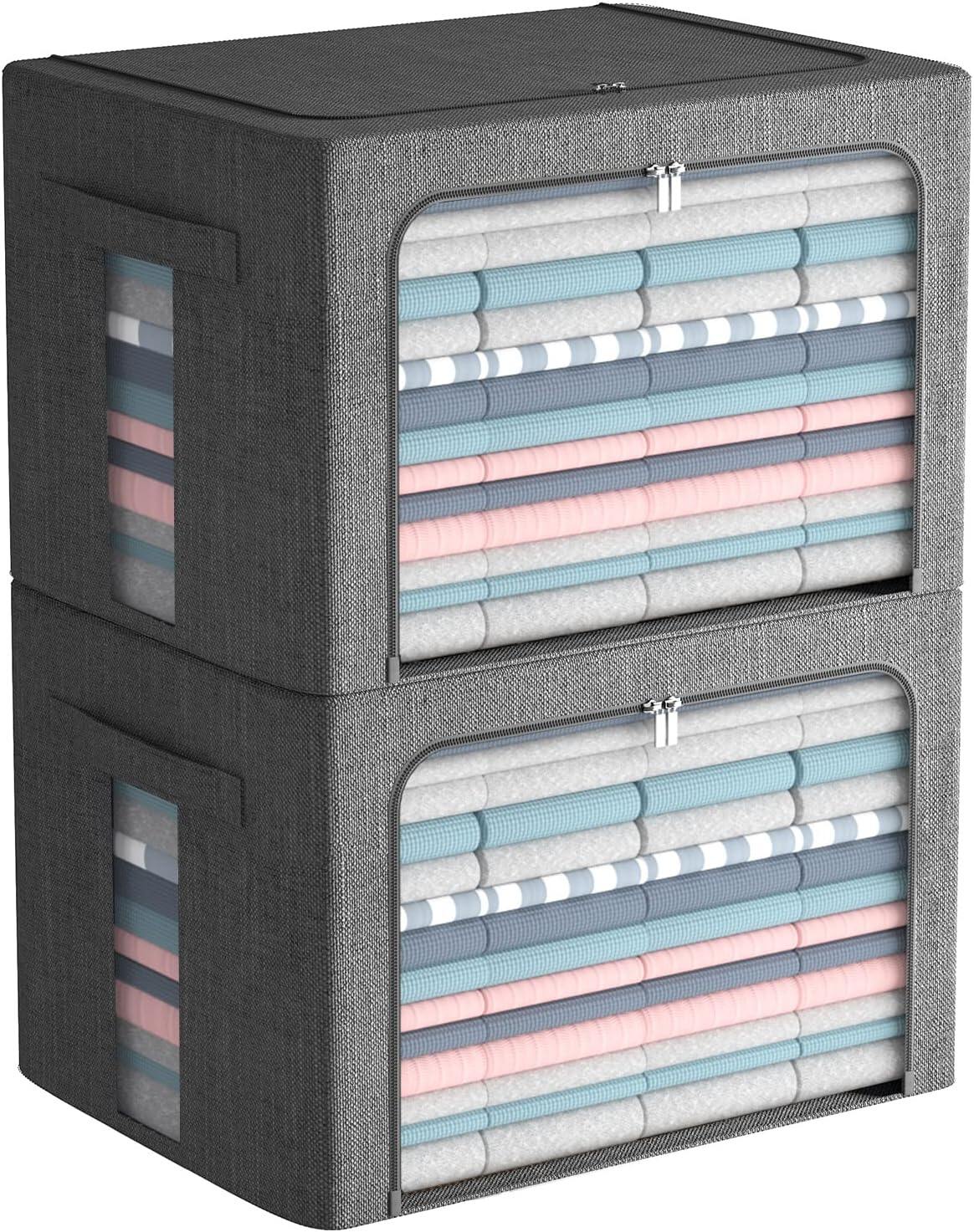 Clothes Storage Bins Stackable Metal Frame Storage Box Foldable Linen Fabric Box Organizer