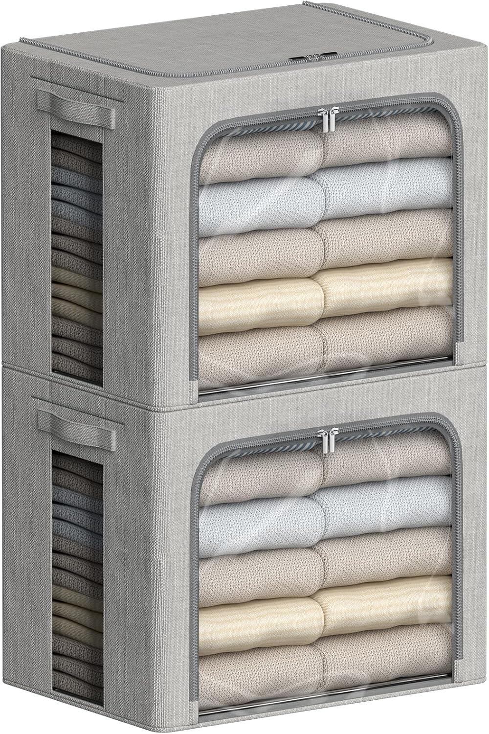 Clothes Storage Bins Stackable Metal Frame Storage Box Foldable Linen Fabric Box Organizer