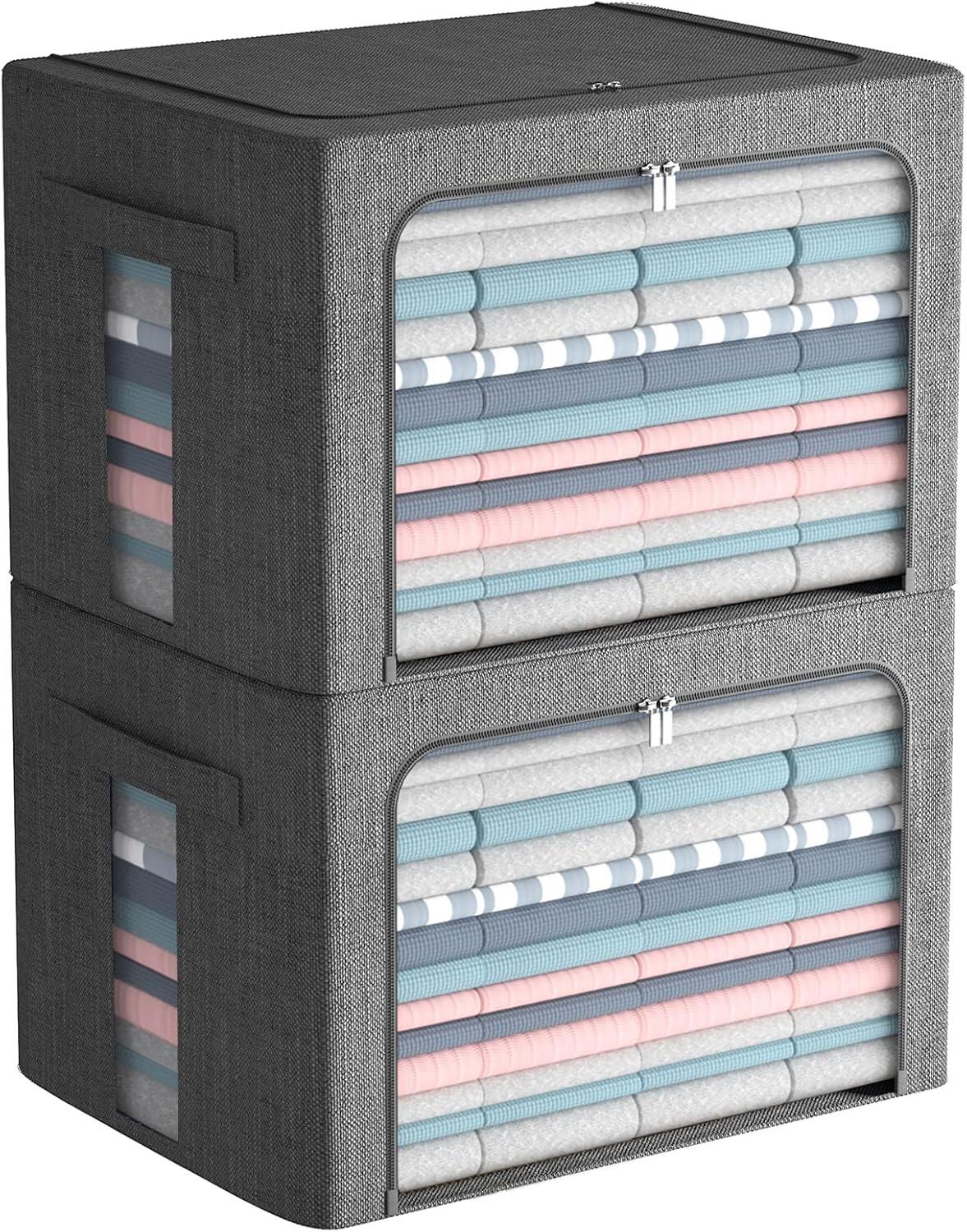Clothes Storage Bins Stackable Metal Frame Storage Box Foldable Linen Fabric Box Organizer
