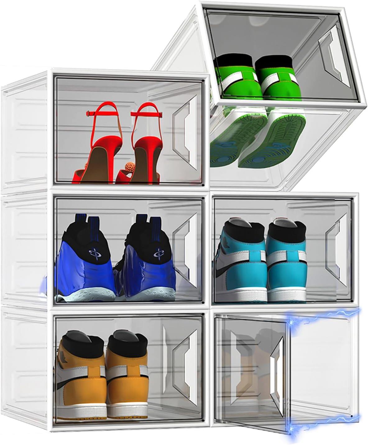 Large Stackable Shoe Boxes - Clear Plastic Shoe Storage Boxes with Magnetic Door