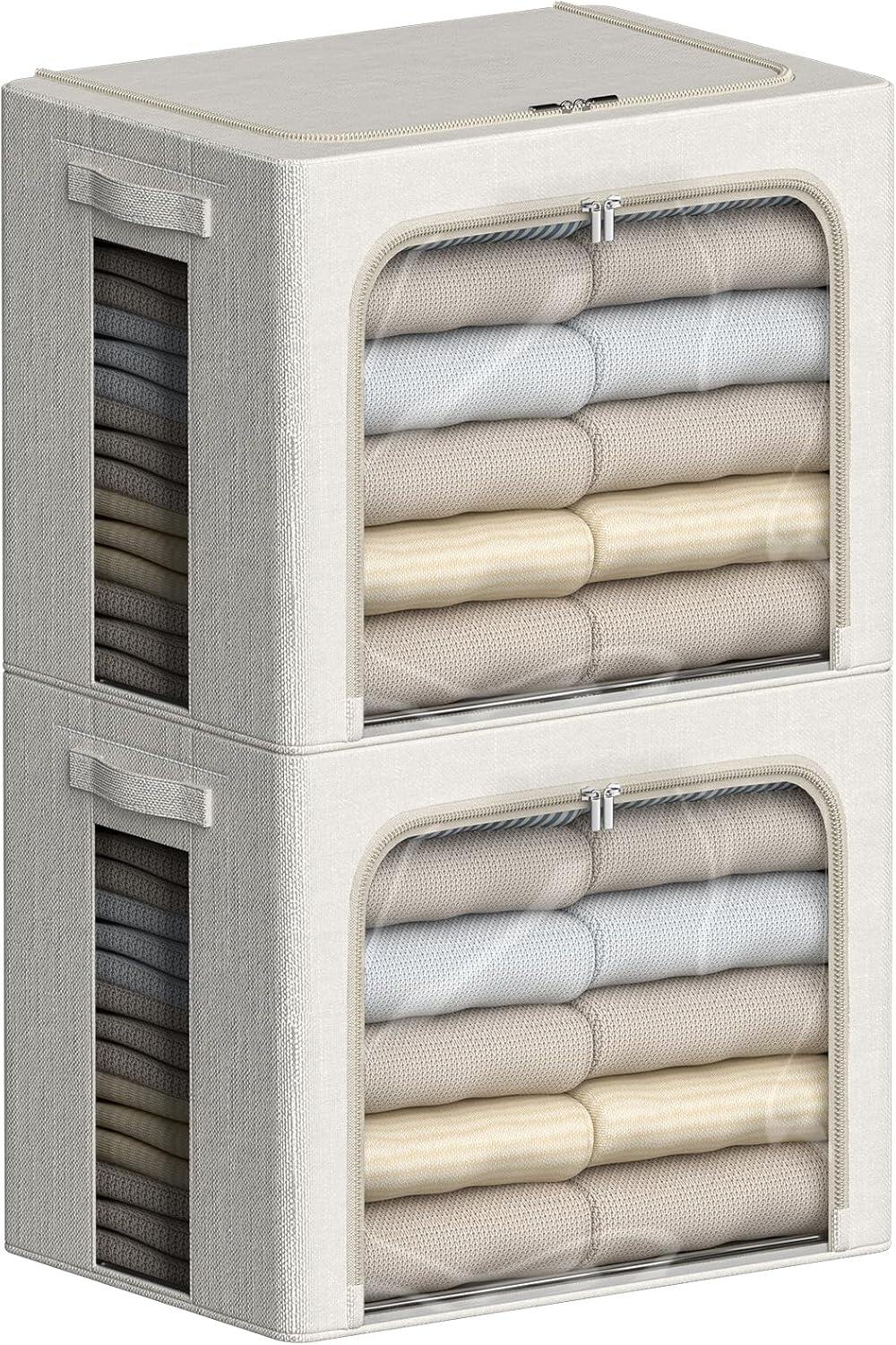 Clothes Storage Bins Stackable Metal Frame Storage Box Foldable Linen Fabric Box Organizer