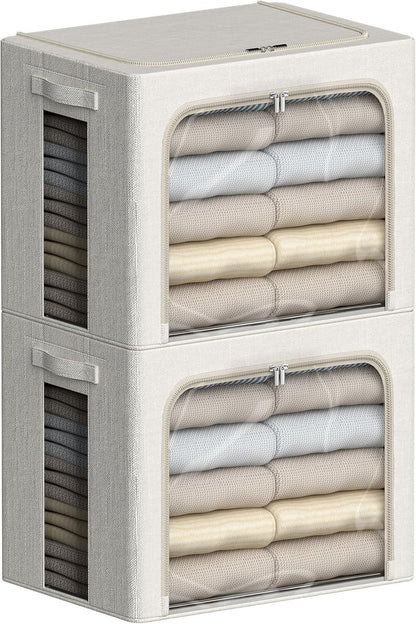 Clothes Storage Bins Stackable Metal Frame Storage Box Foldable Linen Fabric Box Organizer