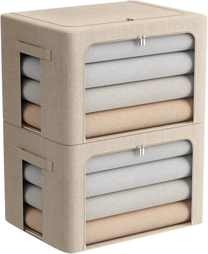 Clothes Storage Bins Stackable Metal Frame Storage Box Foldable Linen Fabric Box Organizer