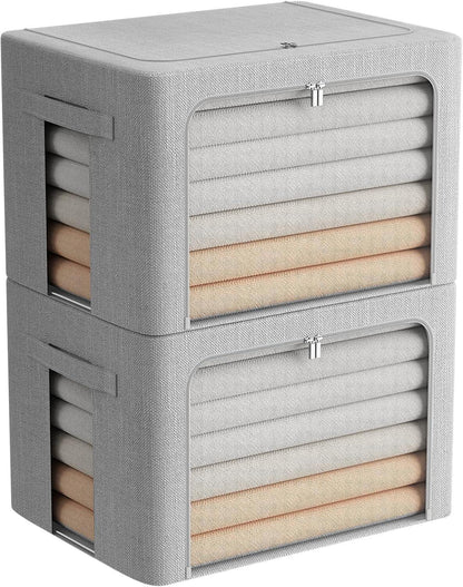Clothes Storage Bins Stackable Metal Frame Storage Box Foldable Linen Fabric Box Organizer