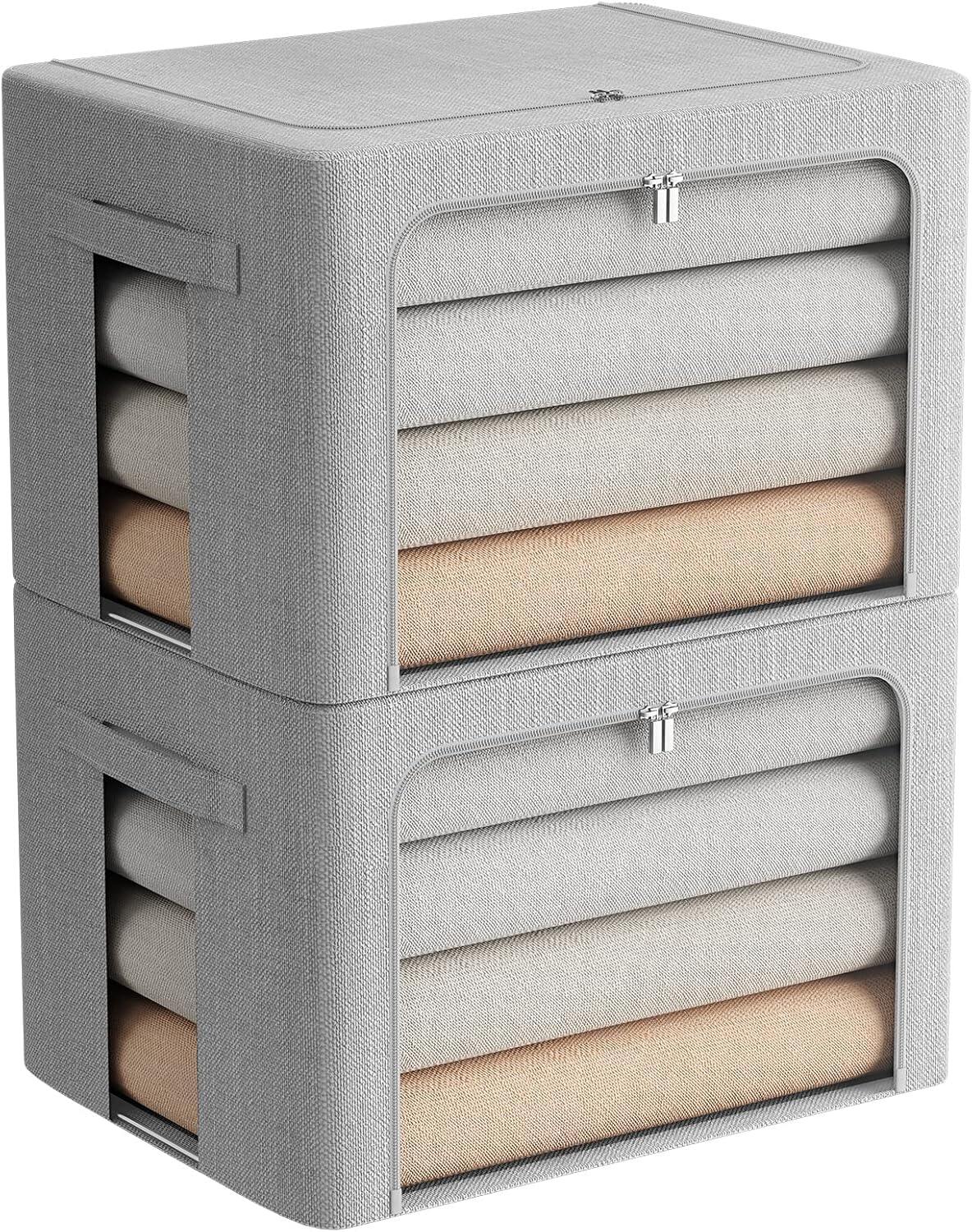 Clothes Storage Bins Stackable Metal Frame Storage Box Foldable Linen Fabric Box Organizer