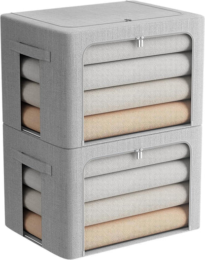 Clothes Storage Bins Stackable Metal Frame Storage Box Foldable Linen Fabric Box Organizer