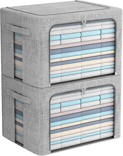 Clothes Storage Bins Stackable Metal Frame Storage Box Foldable Linen Fabric Box Organizer