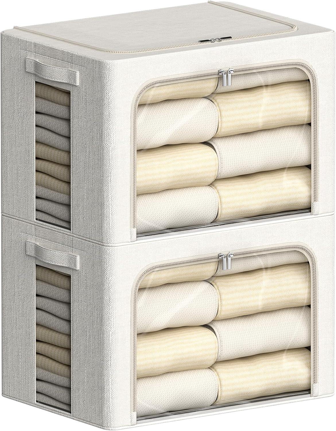 Clothes Storage Bins Stackable Metal Frame Storage Box Foldable Linen Fabric Box Organizer