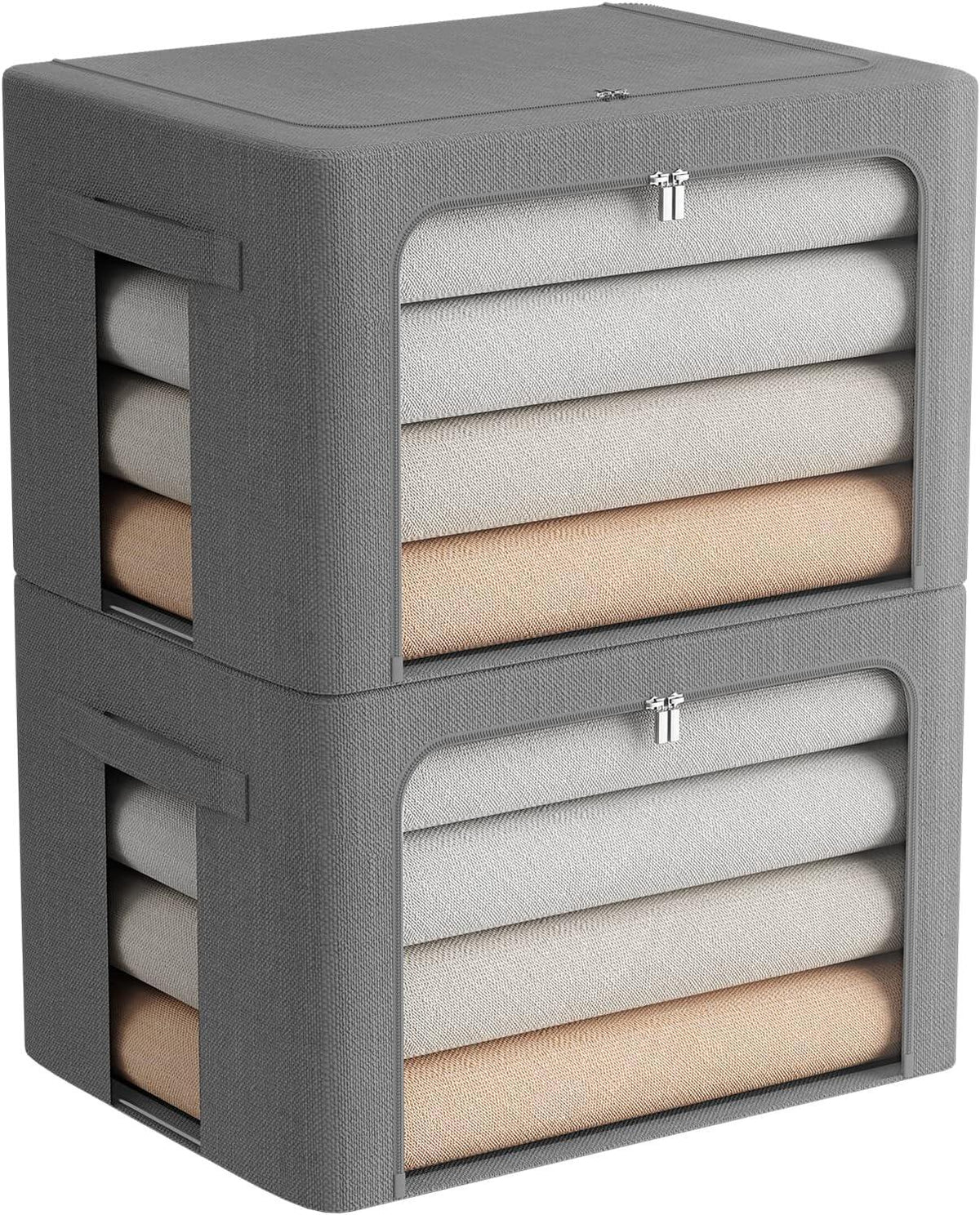 Clothes Storage Bins Stackable Metal Frame Storage Box Foldable Linen Fabric Box Organizer
