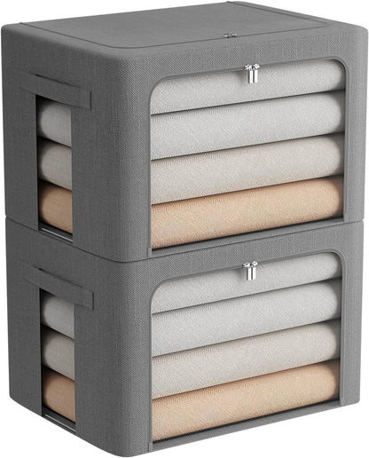 Clothes Storage Bins Stackable Metal Frame Storage Box Foldable Linen Fabric Box Organizer
