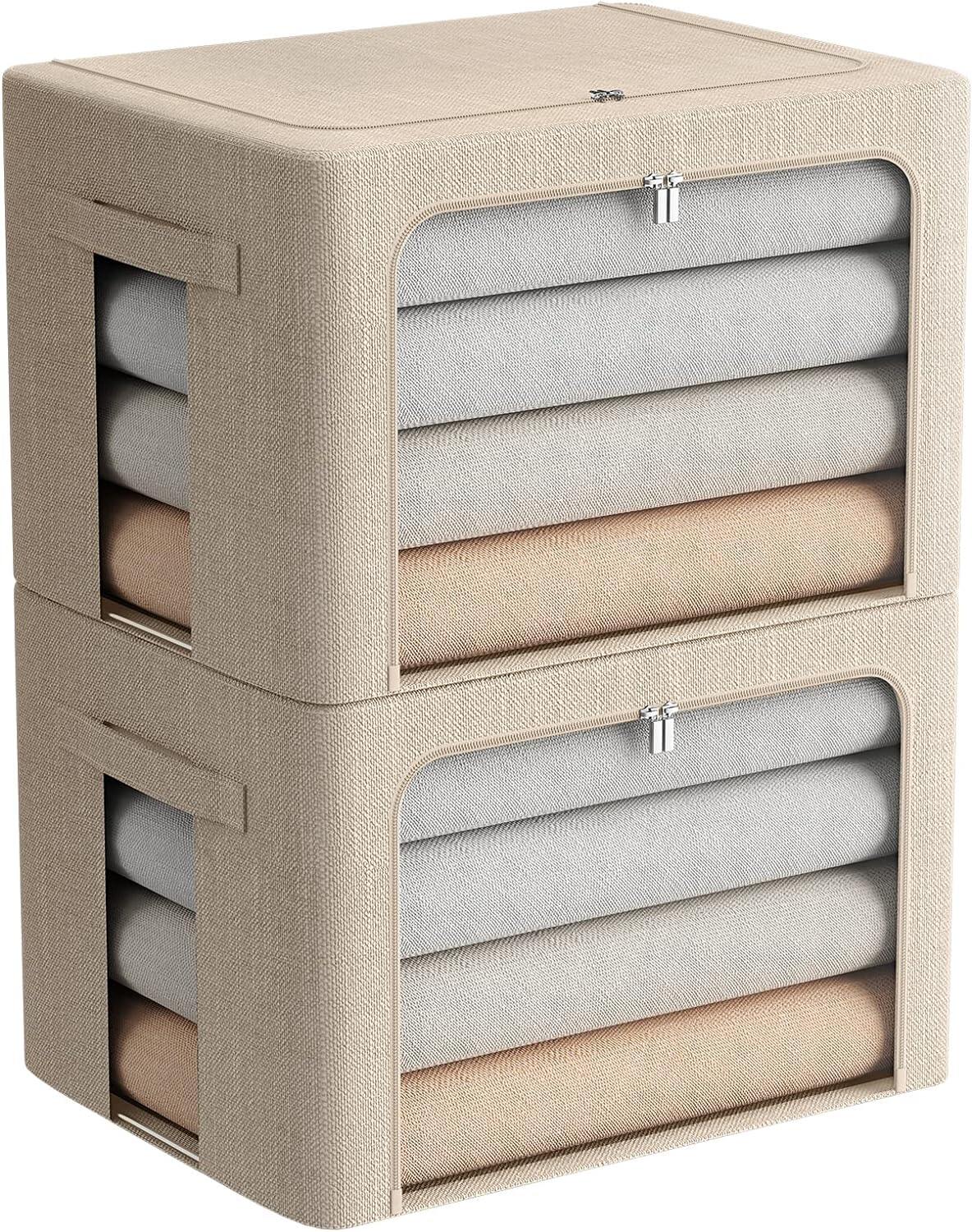 Clothes Storage Bins Stackable Metal Frame Storage Box Foldable Linen Fabric Box Organizer
