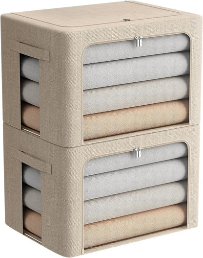 Clothes Storage Bins Stackable Metal Frame Storage Box Foldable Linen Fabric Box Organizer