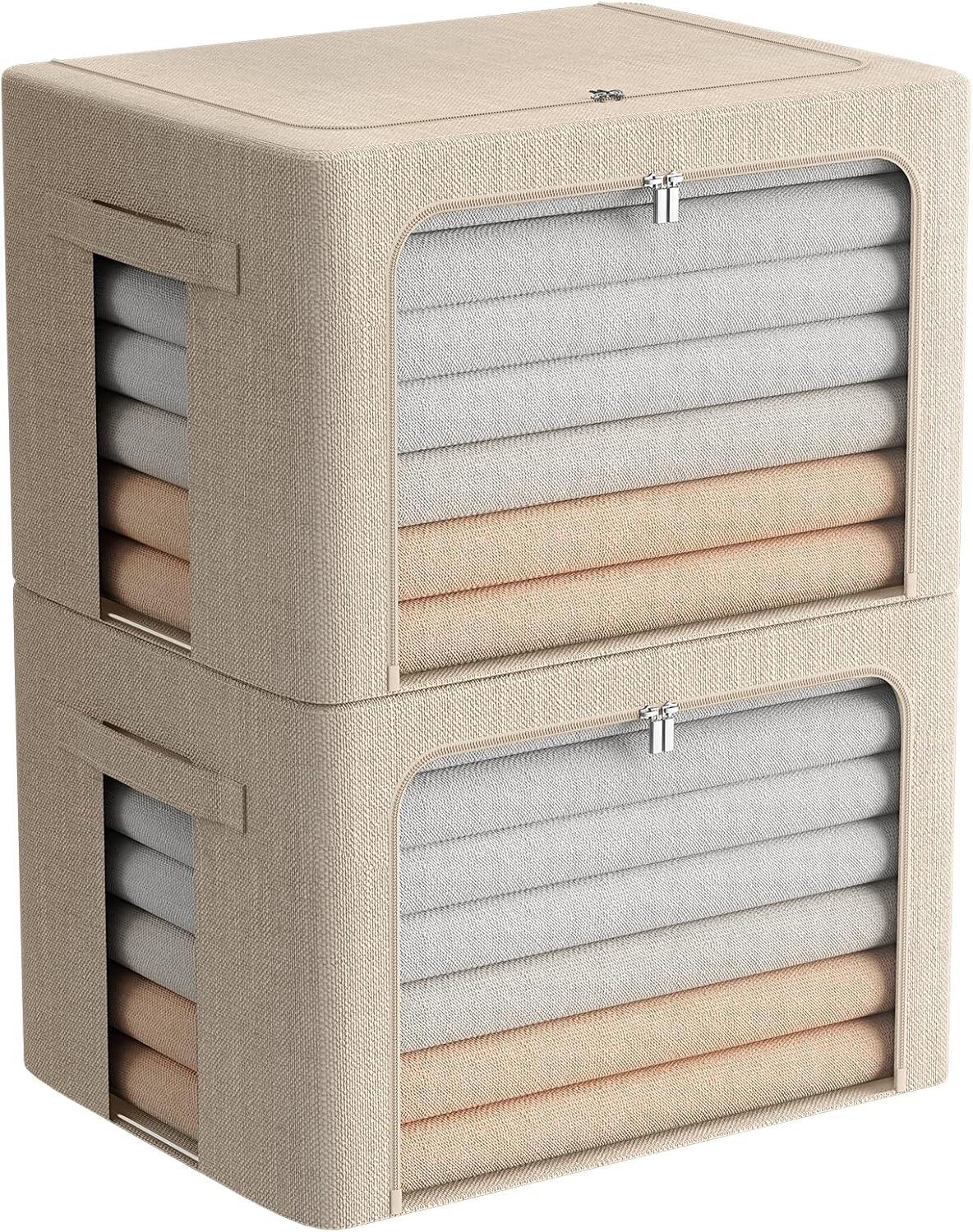 Clothes Storage Bins Stackable Metal Frame Storage Box Foldable Linen Fabric Box Organizer